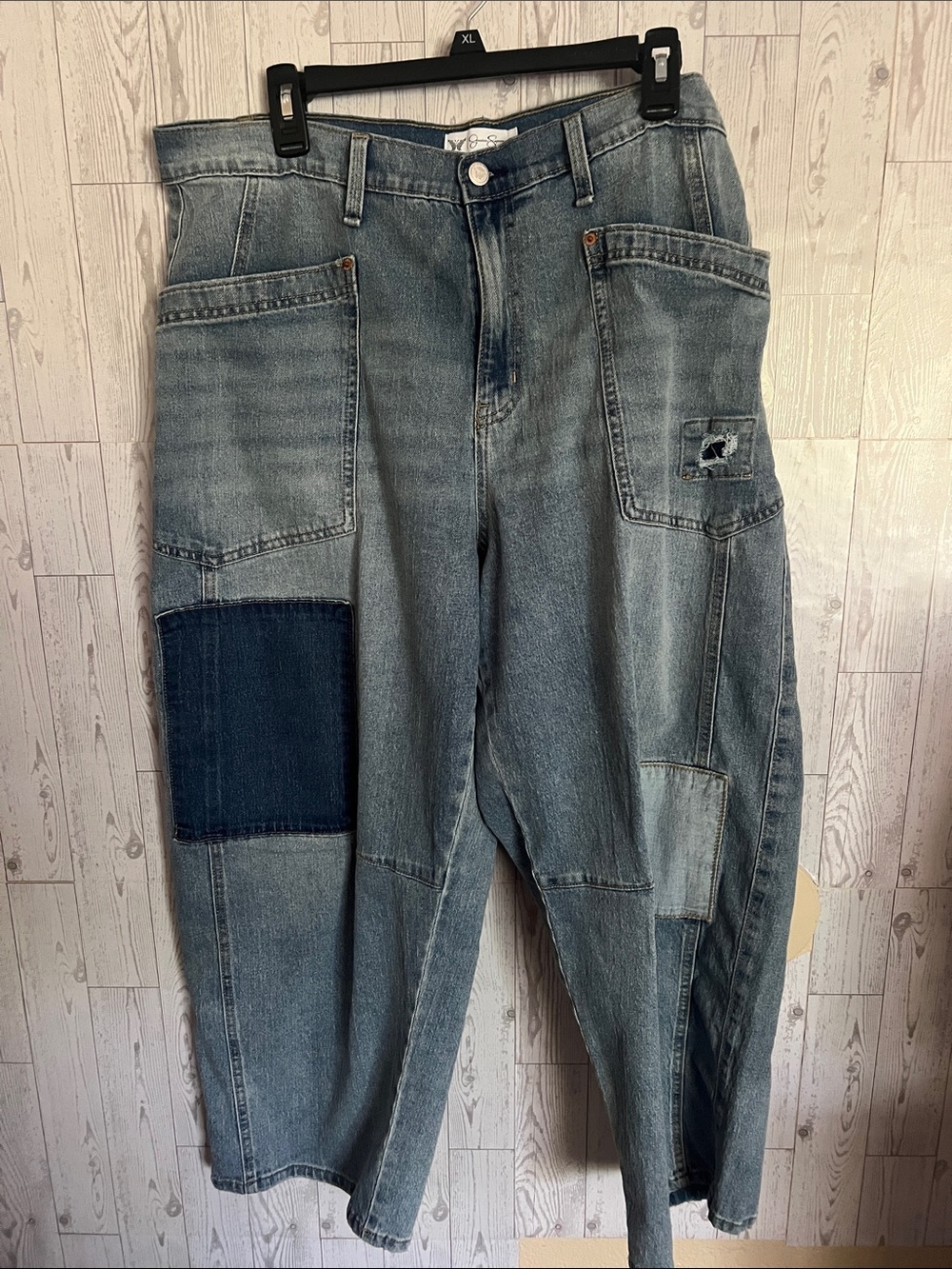 Jessica Simpson Medium Wash Cropped Patchwork Barrel Jeans